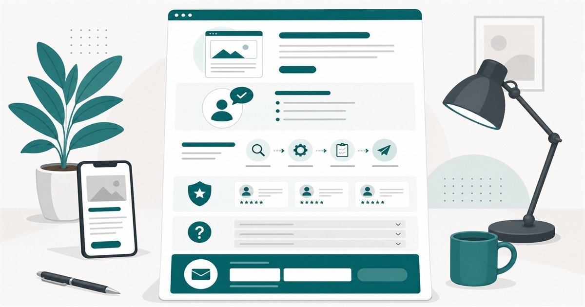 একটি ব্যবসায়িক Service Page-এর বিভিন্ন তথ্যের অংশ দেখানো পরিচ্ছন্ন illustration